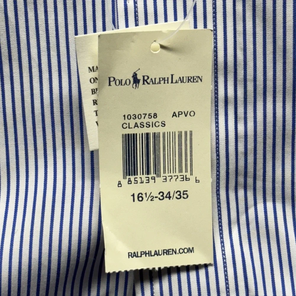 VTG Polo Ralph Lauren Shirt Men's 16.5-34/35 Blue Striped Andrew Long Sleeve NWT